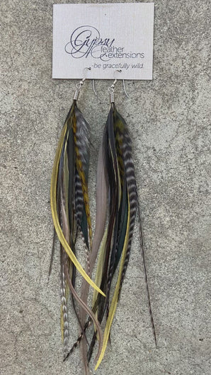 Long Boho Olive Grizzly Feather Earings