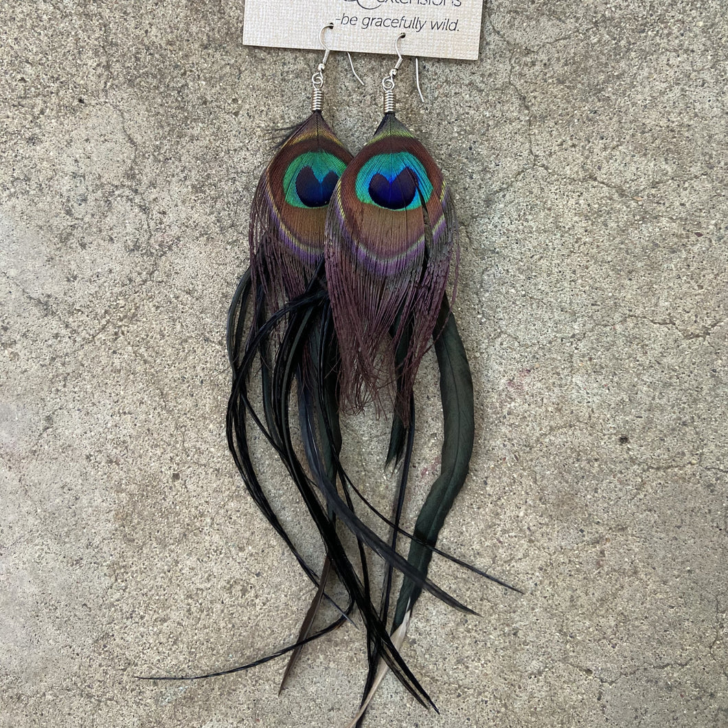 Peacock with Black Feather Earrings